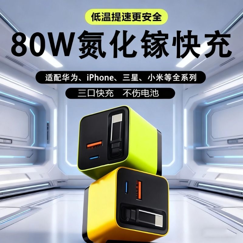 80w氮化镓充电器闪充GaN自带80cm伸缩数据线适用华为苹果三口PD+USB接口3C认证全协议超级快充充电头