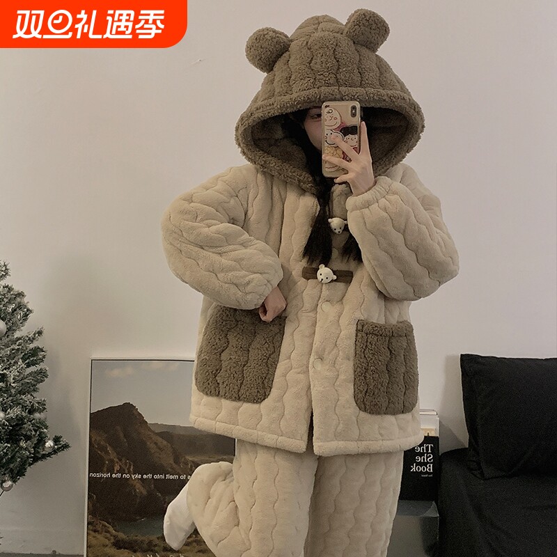 缪黛睡衣女2024新款秋冬季珊瑚绒三层夹棉加厚加绒冬天家居服套装