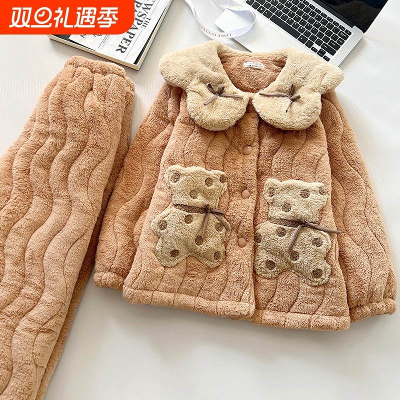 珊瑚绒睡衣女秋冬季2025新款三层夹棉加绒加厚保暖女士家居服套装