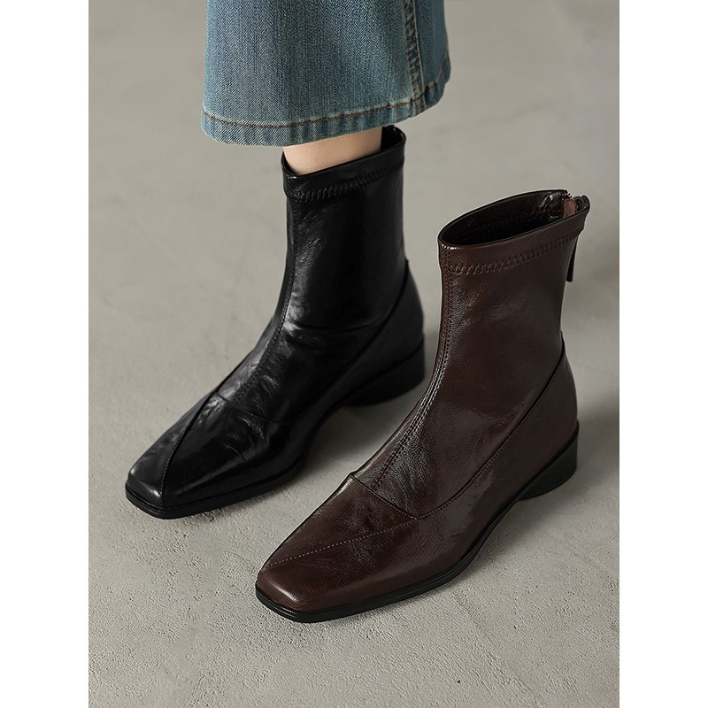 羊皮小短靴女2025年秋冬新款真皮气质方头软底平底瘦瘦靴女粗跟
