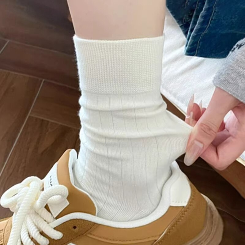 白色无骨袜子女士夏薄款纯棉中筒袜春秋季芭蕾风堆堆长袜配老爹鞋图片