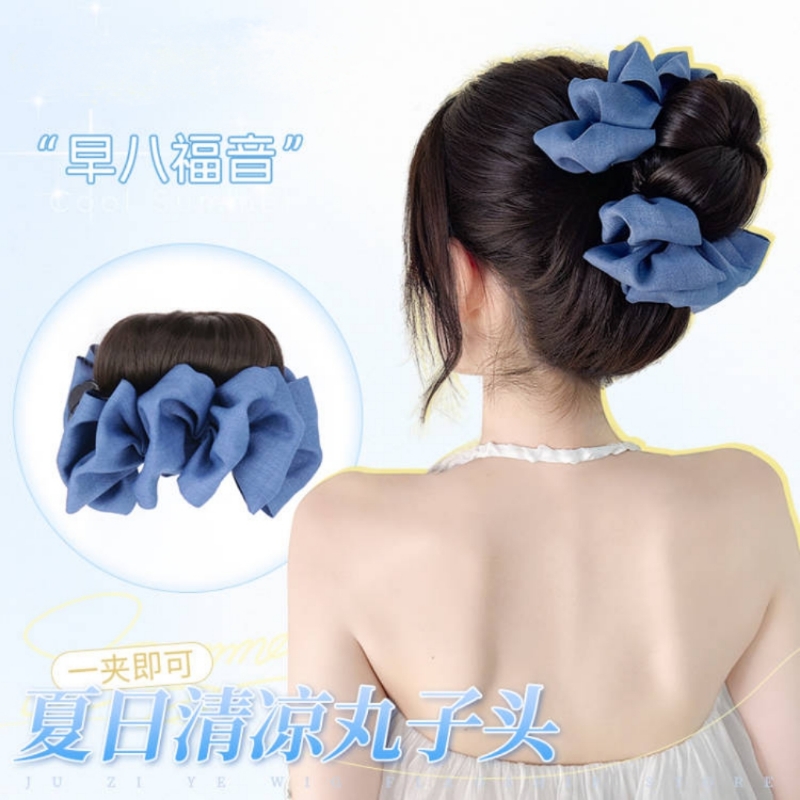 抓夹丸子头发圈蓝色牛仔丸子夹增发量盘发神器花苞假发蓬松发型