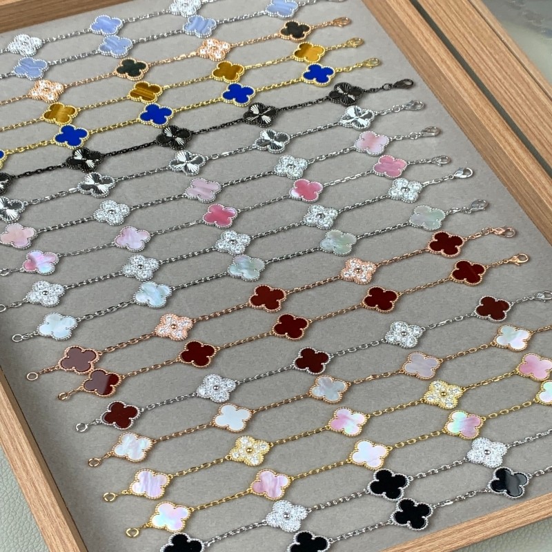 四叶草五花手链18K金黄红玉髓白贝母玛瑙镭射玫瑰金女黄金紫玉髓