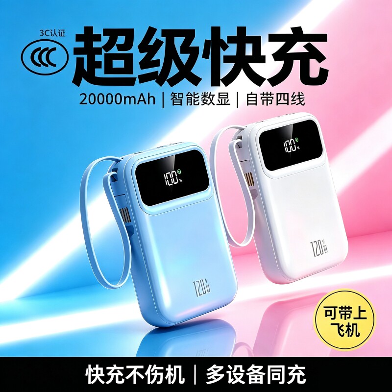 充电宝20000毫安3C认证可上飞机超级快充大容量新款超薄小巧便携自带线费尔班正品适用苹果手机移动电源闪充