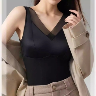 欧若风网纱拼接缎面背心无痕美背春秋纯色聚拢奢华上衣发热外穿