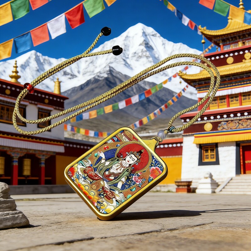 唐卡藏式扎基拉姆项链手工画芯描金佛牌吊坠五爷守护神限量版