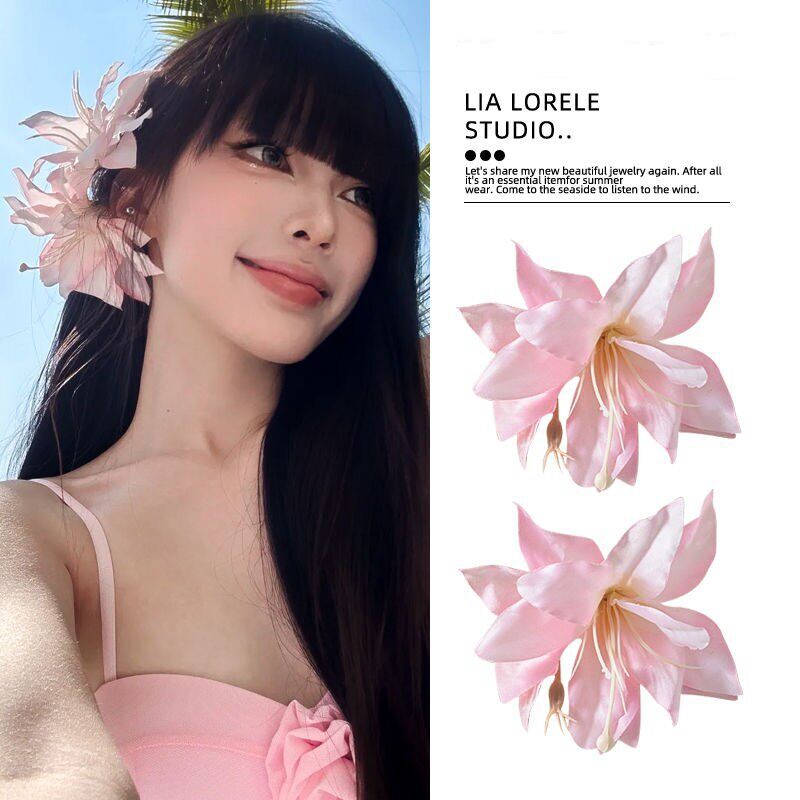 粉色百合花发夹氛围感抓夹款图片