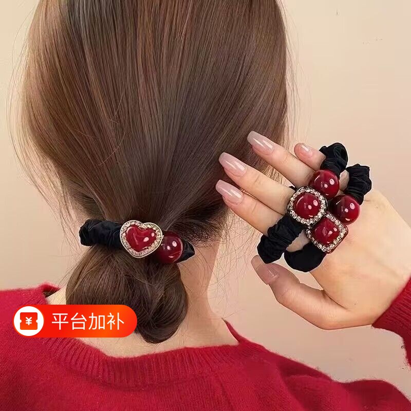 高级感发圈韩版高档红色爱心小肠女网红扎丸子头马尾发绳头饰