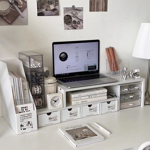 桌面电脑增高架双层笔记本收纳架宿舍办公室置物架抽屉书桌多层