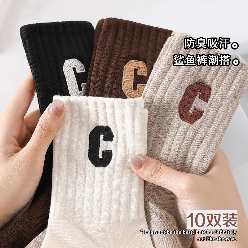 春夏款中筒袜子女透气黑白色运动袜配鲨鱼裤春秋季堆堆袜新款黑色