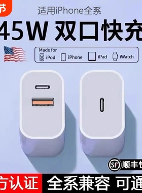 适用苹o 果45WPD双口充电器新款充头iPhne15快充头14手机20W数据线 线30w插头二一type-c双PD45w快口套装11合