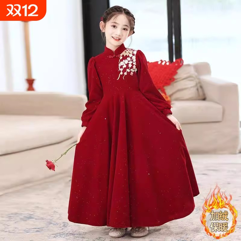 女童公主裙女孩拜年服中大童过年新中式秋冬连衣裙红色加绒新年服