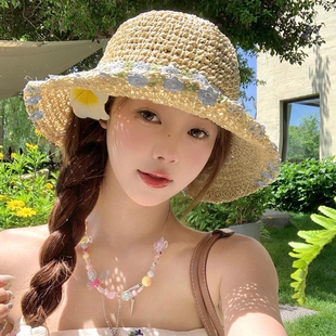 夏季 渔夫帽女曼波海边度假大帽檐草帽可折叠防晒帽子镂空大檐旅行