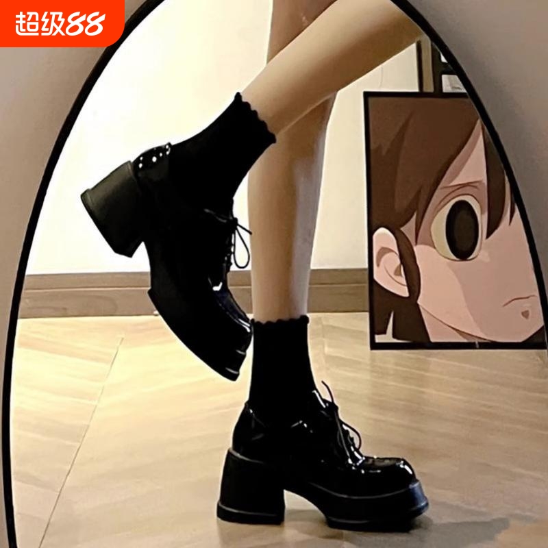 黑色厚底小皮鞋女款春秋增高粗跟玛丽珍鞋松糕圆头美式高跟乐福鞋