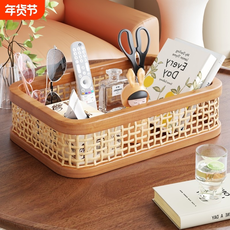 实木桌面置物架茶几杂物收纳筐长方形化妆品整理盒复古藤编收纳盒,收纳整理,整理架/置物架/收纳架,淘宝优惠券,粉丝福利购,淘宝优惠卷