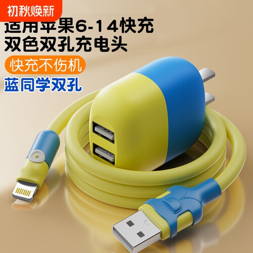 适用苹果充电线快充数据线iPhone14promax13/12/11/xr/5/6/7/8/Xxs充电器头双孔手机充电头同学