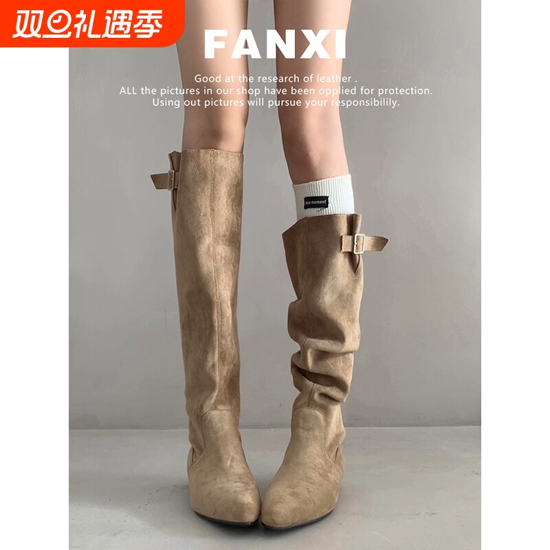 牛皮版~大筒围显瘦长筒堆堆靴女秋冬长靴复古尖头粗跟高筒西部靴