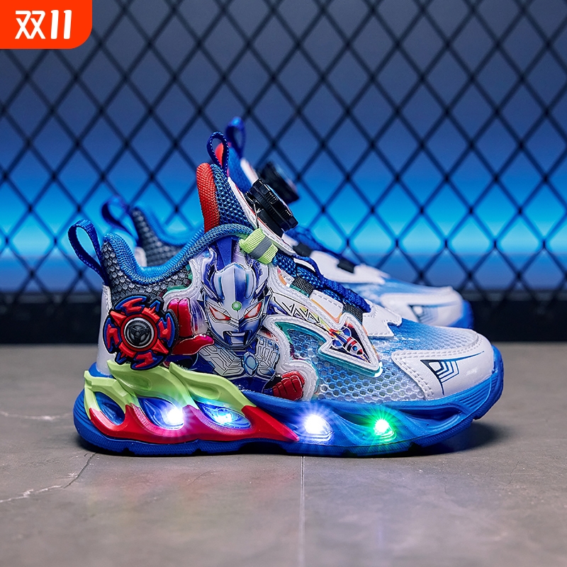 赛罗儿童鞋2025新款夏季单网奥特男童运动鞋曼透气纽扣发光鞋男孩