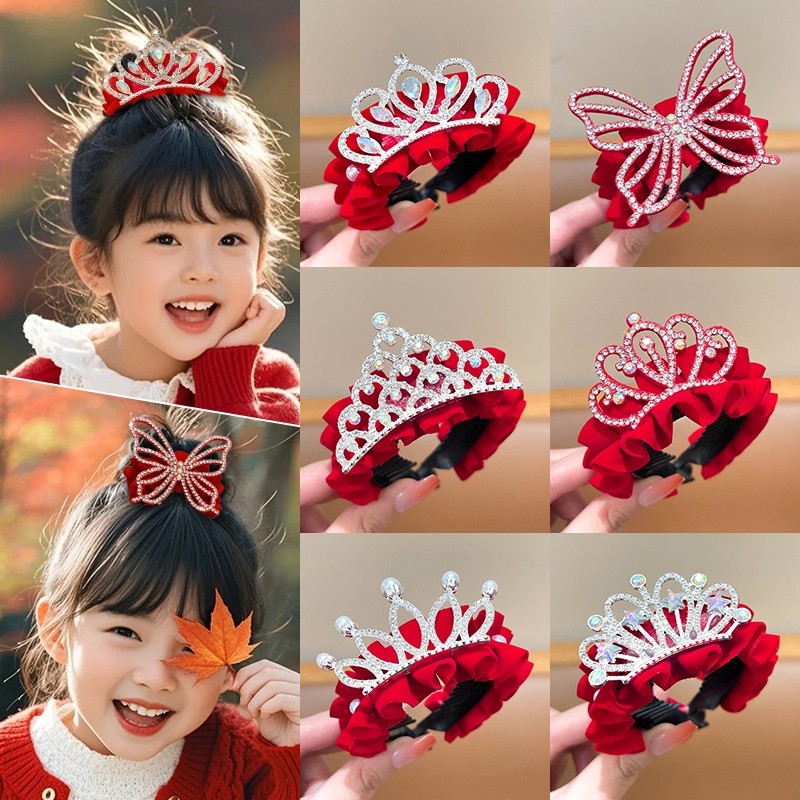 新年儿童头饰发饰皇冠发夹女童丸子头马尾扣发卡红色喜庆女孩过年