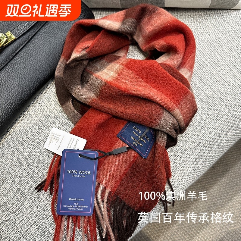 复古格纹新年礼物100%澳洲羊毛红色格子围巾女冬季圣诞保暖围脖男