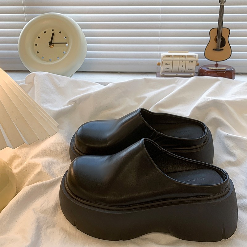 黑色包头半拖鞋女外穿2025春秋新款厚底懒人穆勒鞋增高矮子乐单鞋