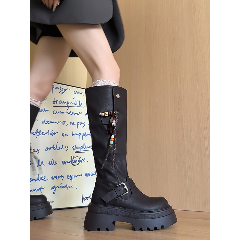 6CM增高串珠长靴女2025秋冬季新款高筒骑士靴子高跟鞋子黑色棕色
