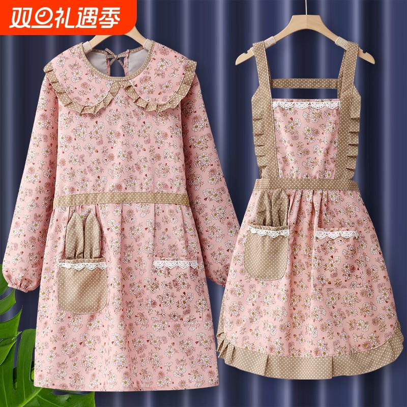 厨房围裙家用纯棉女长袖2024新款网红同款碎花罩衣大人工作服冬款