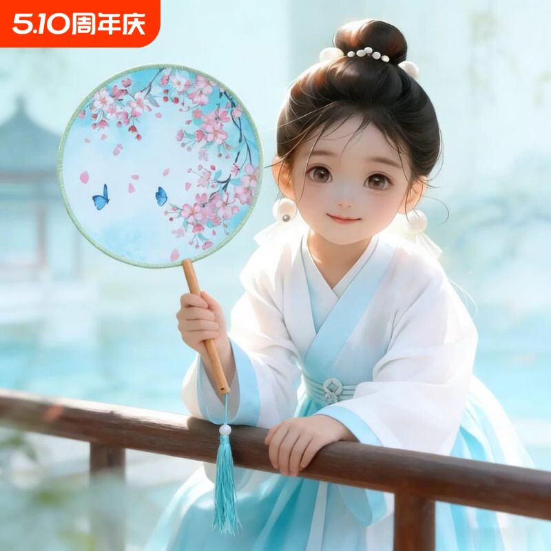 团扇双面古典扇子古风半透圆形流苏女古装汉服旗袍丝质古装扇子