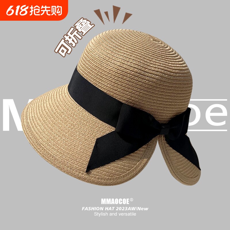 法式草帽海边遮阳可折叠扎马尾蝴蝶结显脸小防晒太阳帽度假渔夫