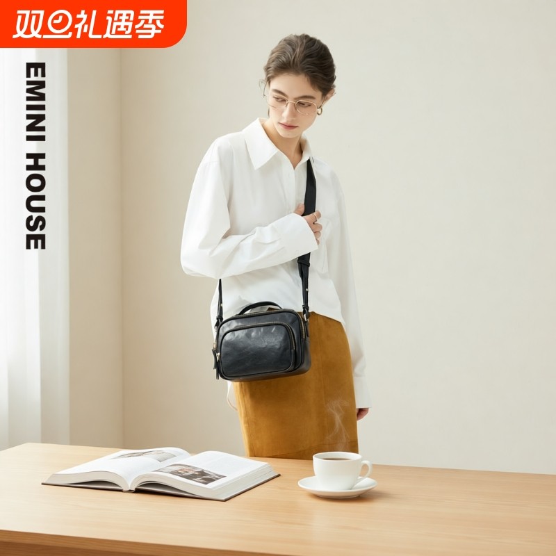 伊米妮2025新款头层植鞣牛皮真皮小方包简约时尚复古单肩斜挎包