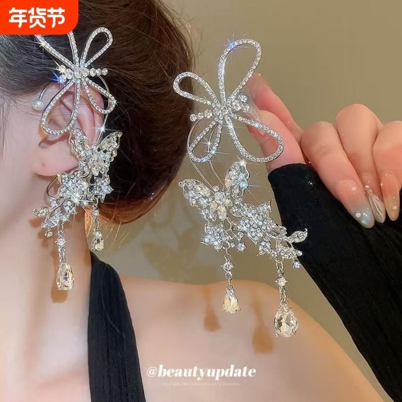 超闪镶钻蝴蝶花朵精灵耳挂时尚高级感显瘦新娘耳饰婚纱礼服裙配饰