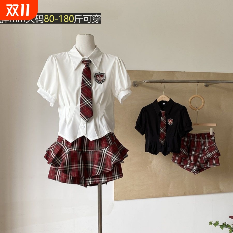 辣妹大码显瘦短袖T恤jk领带上衣高腰格子半身短裙学院风套装衬衫