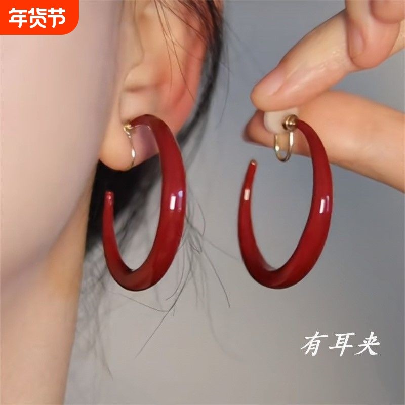 「安可拉红」复古港风圈圈红色耳饰蚊香盘耳夹无耳洞显白耳钉大圈,饰品/流行首饰/时尚饰品新,耳夹,淘宝优惠券,粉丝福利购,淘宝优惠卷