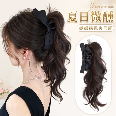 假发辫子女抓夹蝴蝶结微卷高马尾长辫子发饰自然彷真假发辫马尾