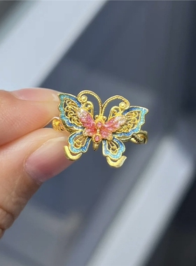 金店同款沙金999烧蓝蝴蝶戒指女轻奢小众高级感珐琅彩蝴蝶指环潮