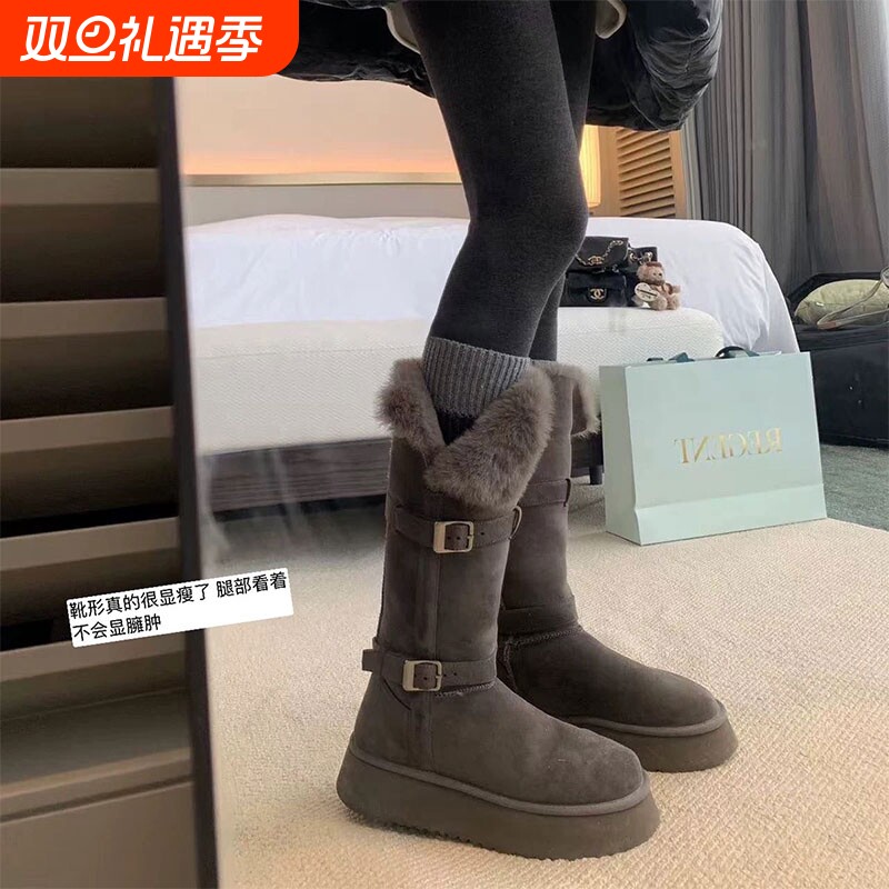 灰色长筒雪地靴女2025冬季新款厚底中筒加绒东北棉鞋保暖高筒靴子