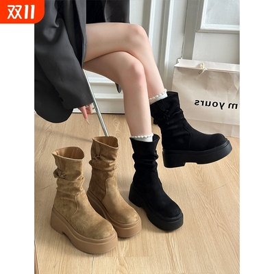 厚底小个子增高短靴女2025新款秋冬爆款美拉德靴子马丁靴中筒黑色