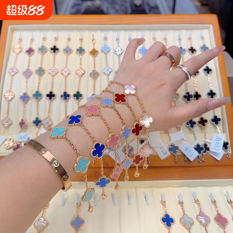 四叶草五花手链女18K玫瑰金小众设计时尚百搭黑白熊猫手饰黄金图片