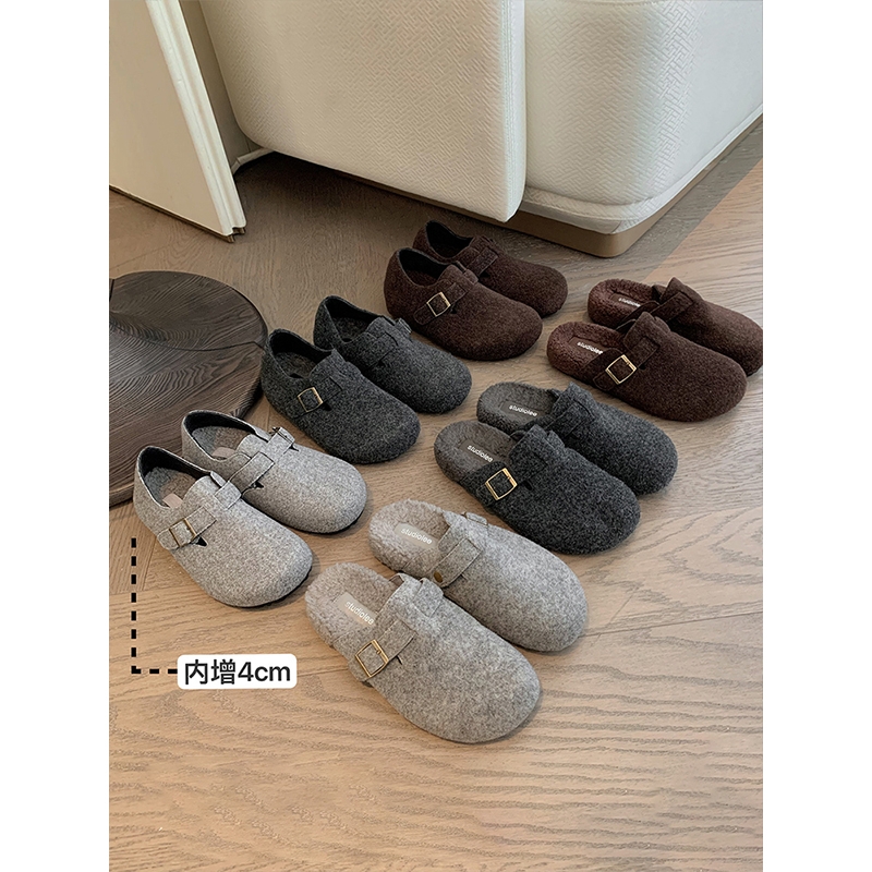 葡萄妈studiolee 保暖加绒内增高毛毛半拖外穿厚底勃肯女鞋秋冬款