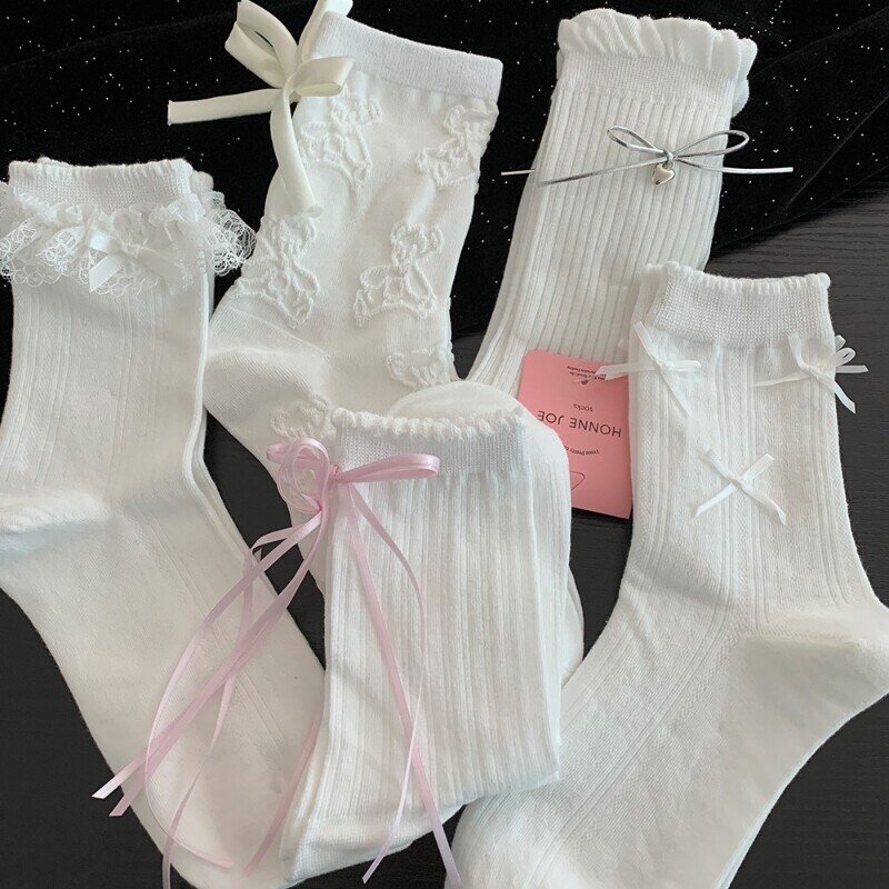 白色袜子女中筒袜夏季棉袜jk洛丽塔芭蕾风蕾丝花边少女蝴蝶结长袜