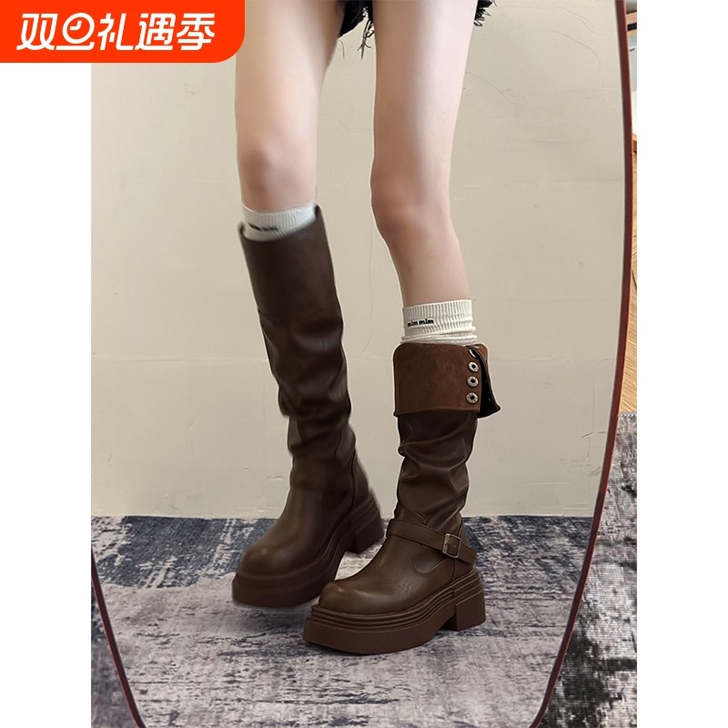 棕色英伦风粗跟厚底长筒靴女2025新款秋冬季显瘦长靴骑士靴子高筒