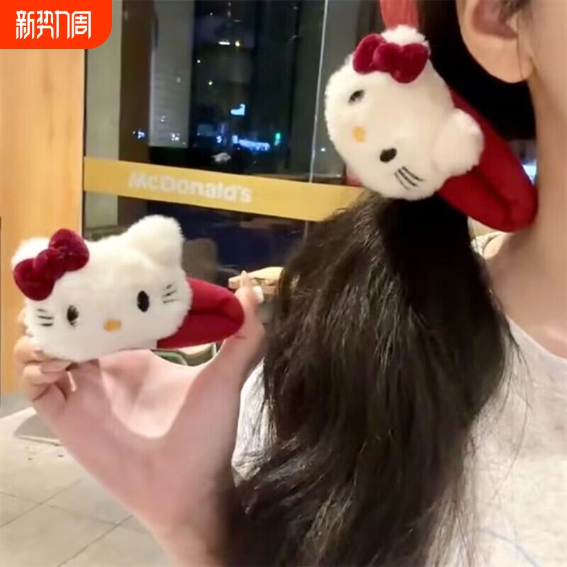 可爱红kt猫掰掰夹发圈毛绒HelloKitty蝴蝶结发夹少女BB