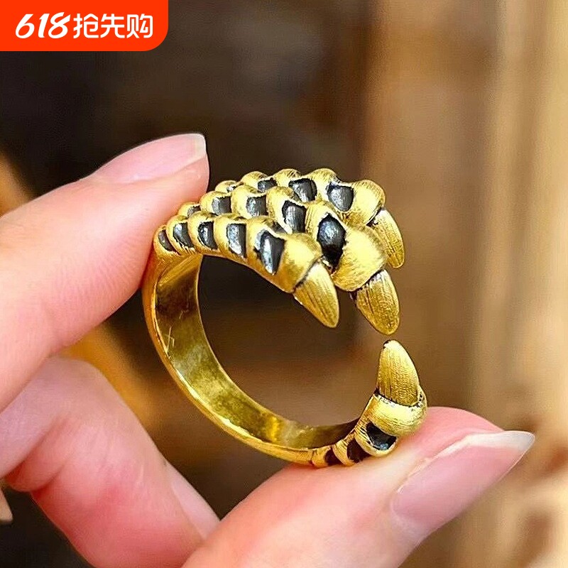 新中式复古做旧黑金神龙爪戒指宫廷风轻奢精美高级感开口指环