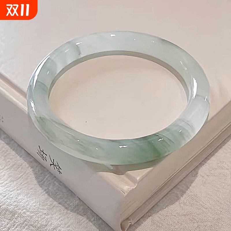 天然新疆天山翠手镯女款雪翠飘花玉镯子金丝玉正品圆条平安镯玉石
