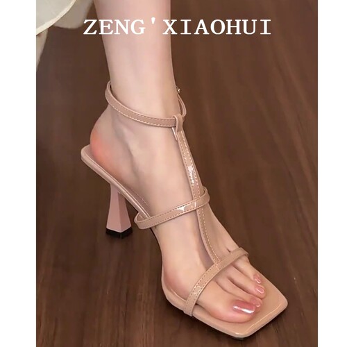 羊皮版~法式裸色高跟鞋女绝美气质一字带罗马凉鞋方头细跟凉拖鞋