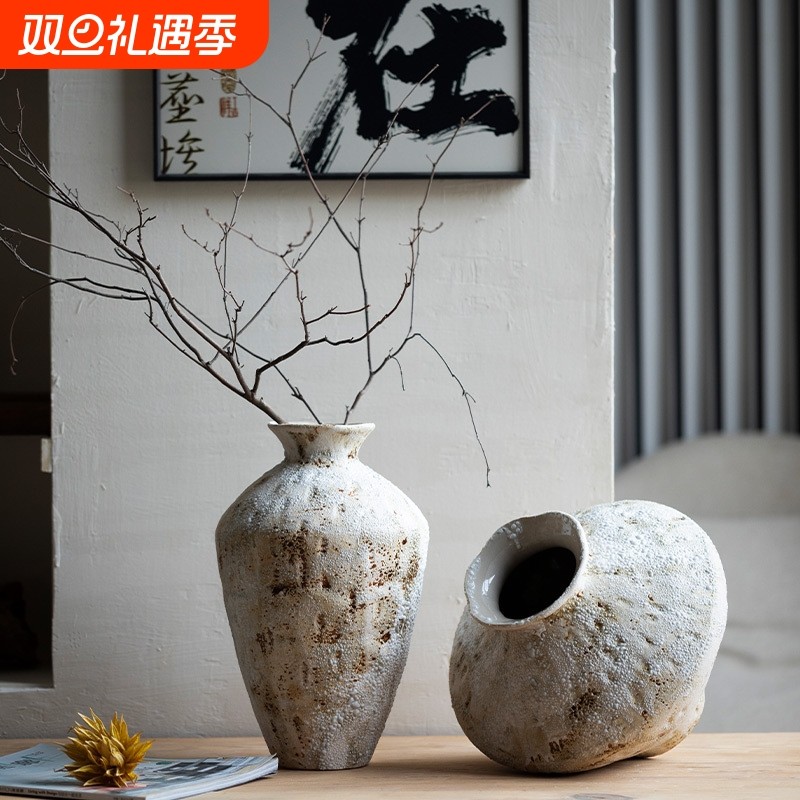 景德镇复古陶瓷花瓶新中式侘寂风家居客厅装饰品摆件干花粗陶花器