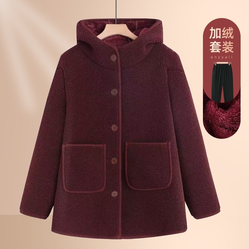 妈妈加绒加厚连帽摇粒绒外套中老年女装妈妈冬装休闲上衣纽扣开衫