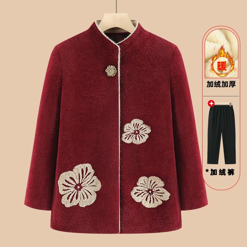 中老年人奶奶外套女妈妈冬装加绒加厚水貂绒上衣老人毛呢衣服红色