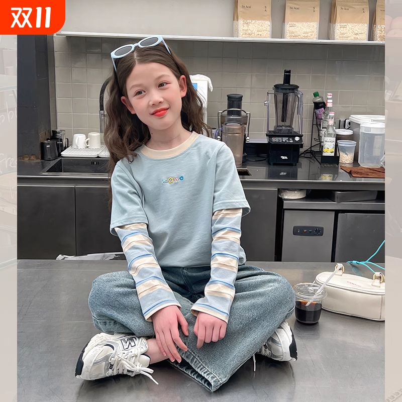 女童假两件洋气t恤儿童短款长袖打底衫中大童装2025春秋新款条纹