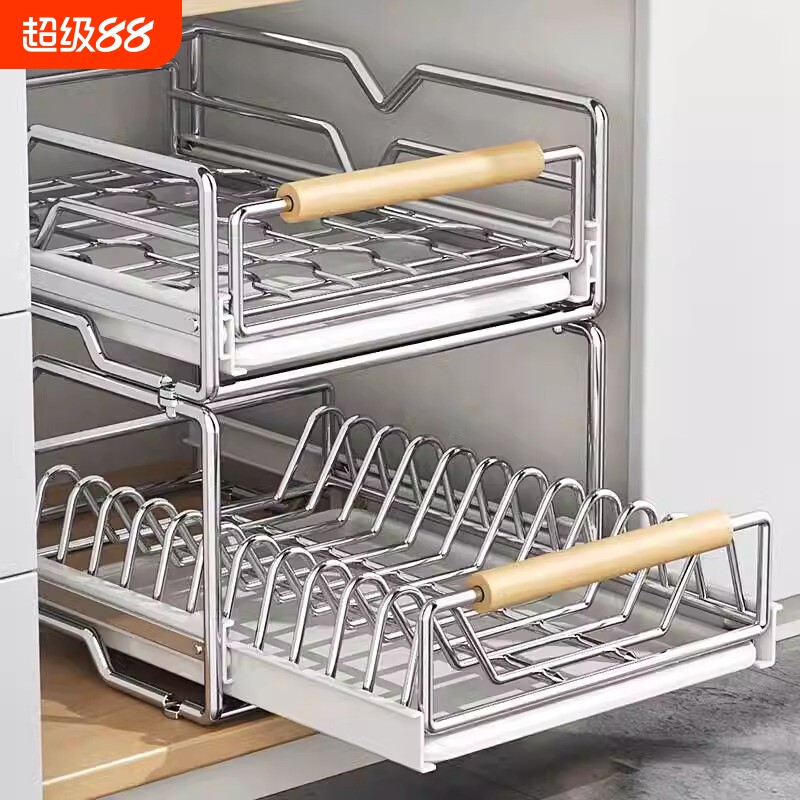 不锈钢厨房碗碟收纳架拉篮置物架图片